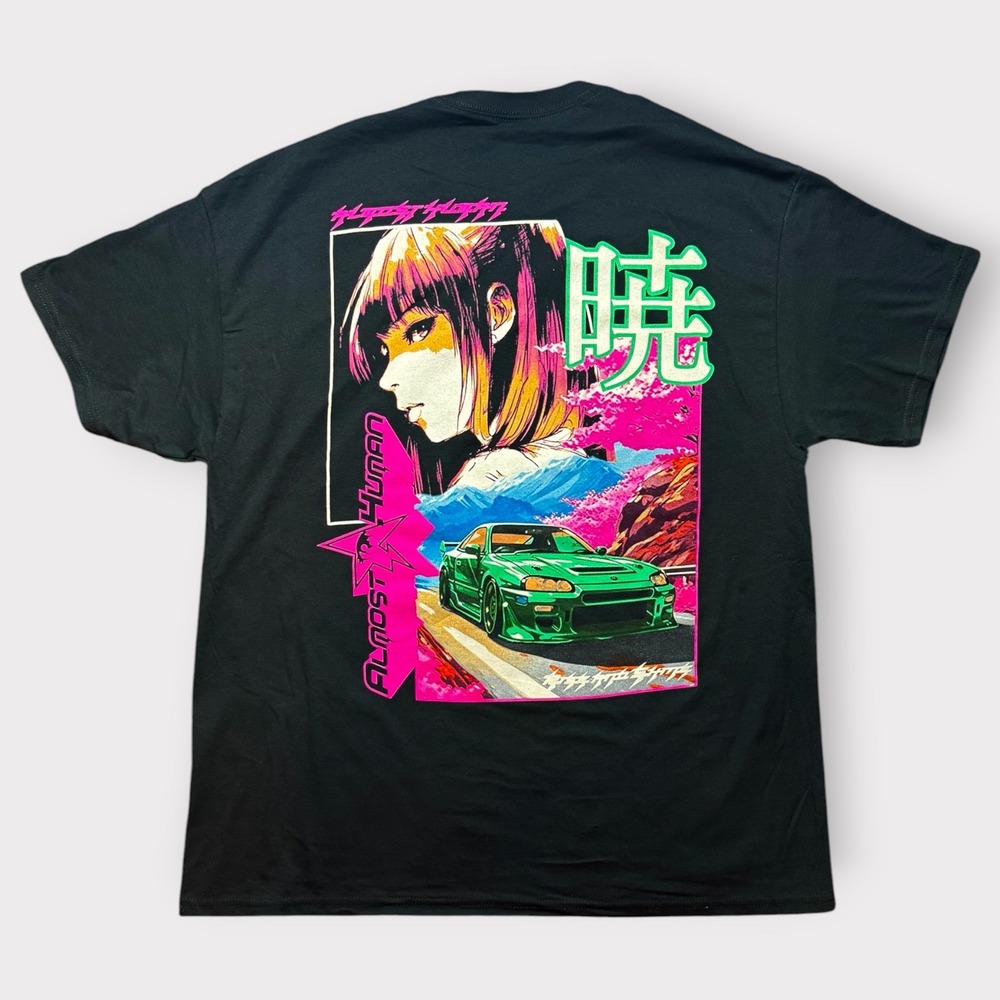 Almost Human Anime Girl Green Sports Car Graphic T-Shirt Black Large Vaporwave - Picture 1 of 8